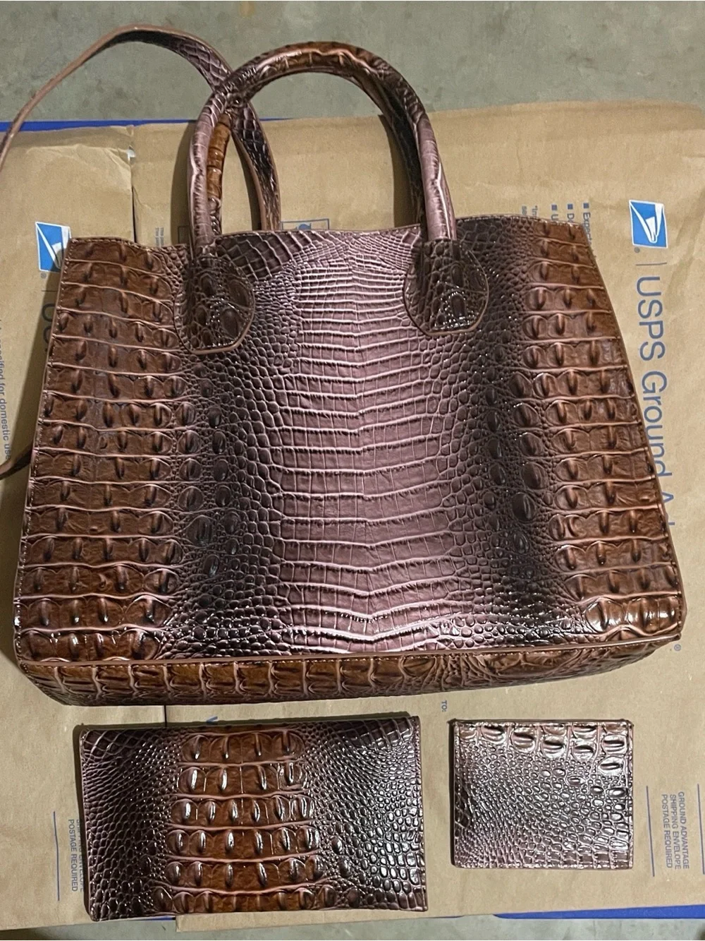 Croco-Embossed Brown Leather Tote with Matching Wallets